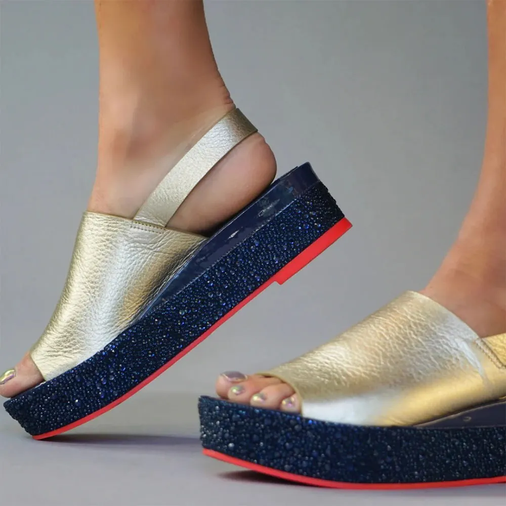 Gold Peep Toe Rhinestone Wedge Heel Platform Sandals with Buckle