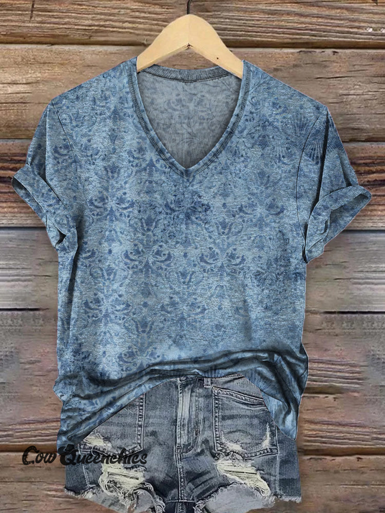 Retro Blue Pattern Printed Casual V-Neck T-Shirt Blue / S