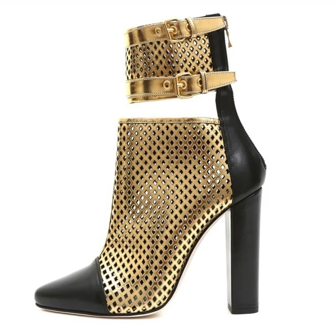 Gold and Black Buckle Caged Chunky Heel Ankle Boots Vdcoo