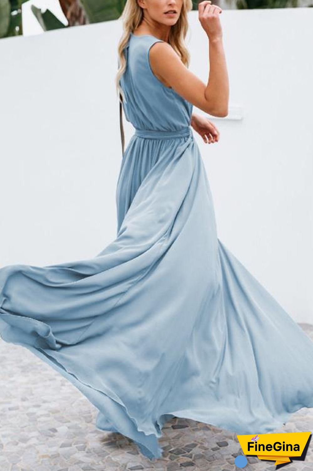 V Neck Sleeveless Slit Wrap Maxi Dress