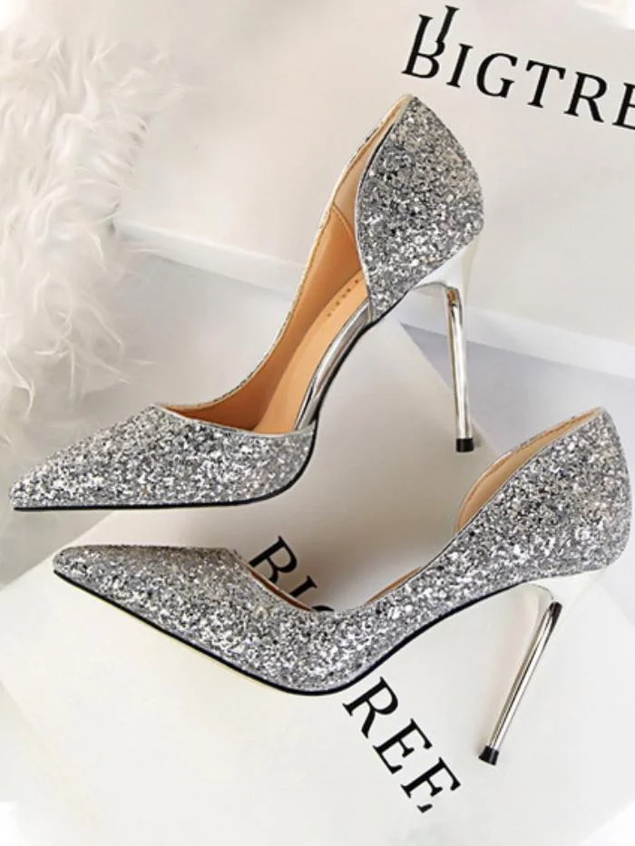 Sexy stiletto high-heeled shallow pointy side hollow sequin single shoes