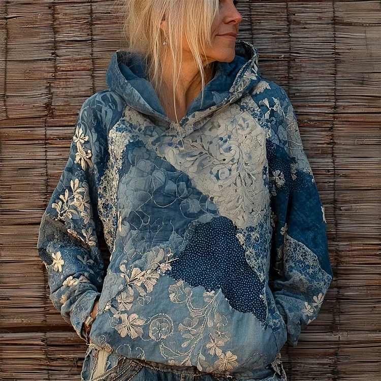 Vintage Boho Floral Embroidered Patchwork Comfy Hoodie