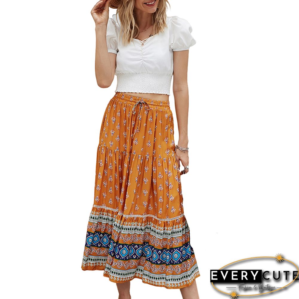 Yellow Floral Print Elastic Waist Pocket Midi Skirt
