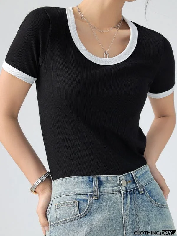 Short Sleeves Skinny Contrast Color Round-Neck T-Shirts