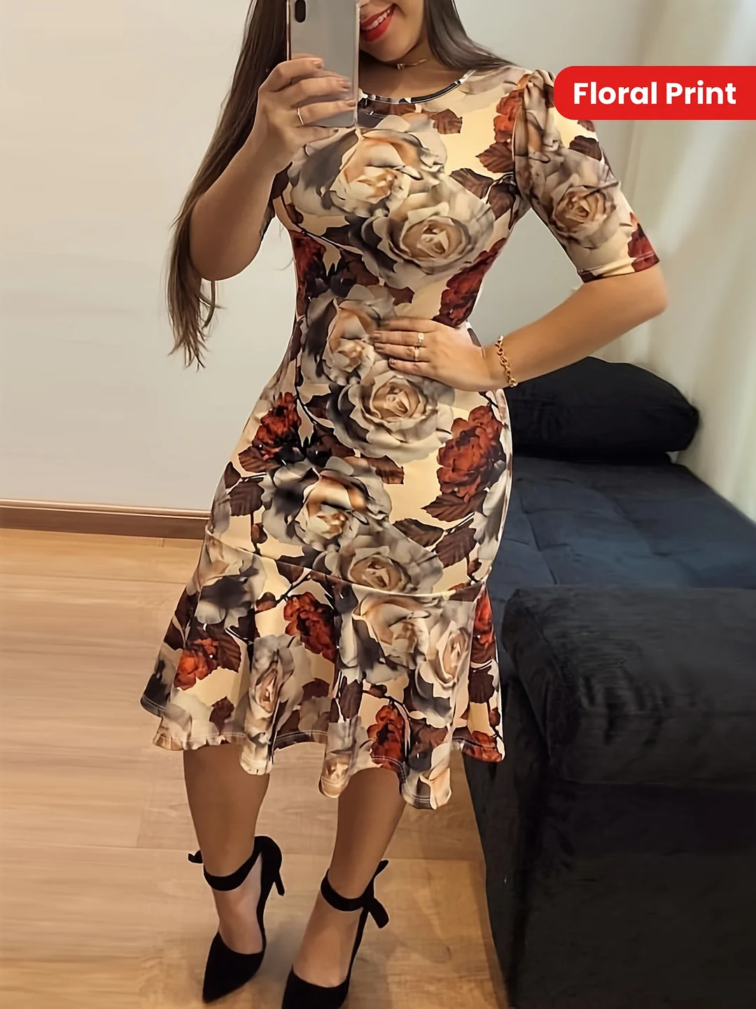 Summer New Retro Versatile Fashion Floral Print Women's Dress