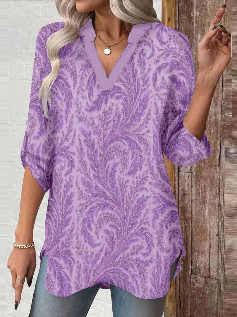 Women Texture, Purple DZGA0394 3/4 Sleeve V-neck Printed Graphic Button Tops