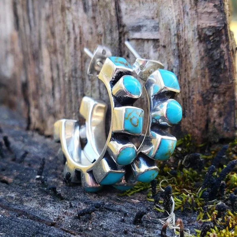 Vintage Bohemian Natural Turquoise Loop Earrings Women Party Jewelry Geometric Round Blue Stone Earring Ear Stud Hoops Gifts