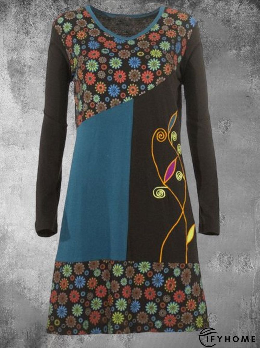 Crew Neck Floral-Print Long Sleeve Casual Knitting Tunic Dress | IFYHOME