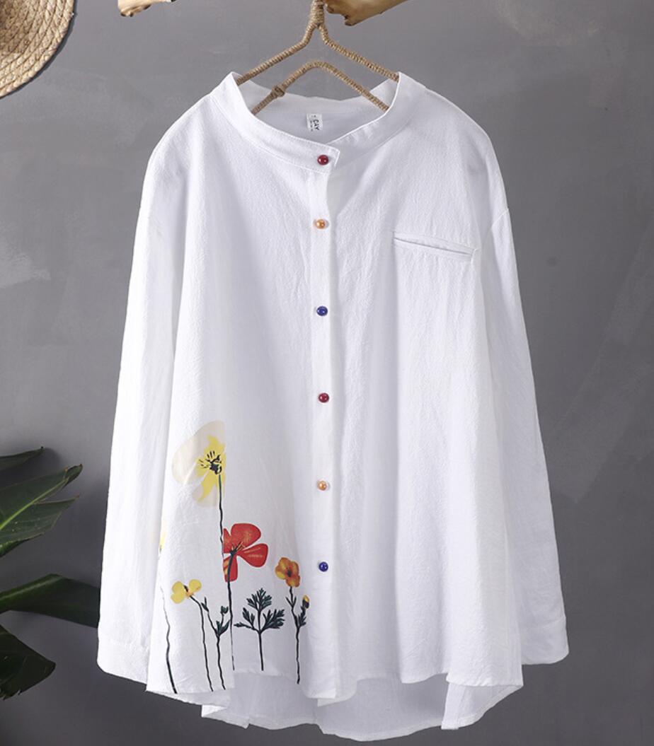 New Cotton Linen Printed Button Blouses&Shirts