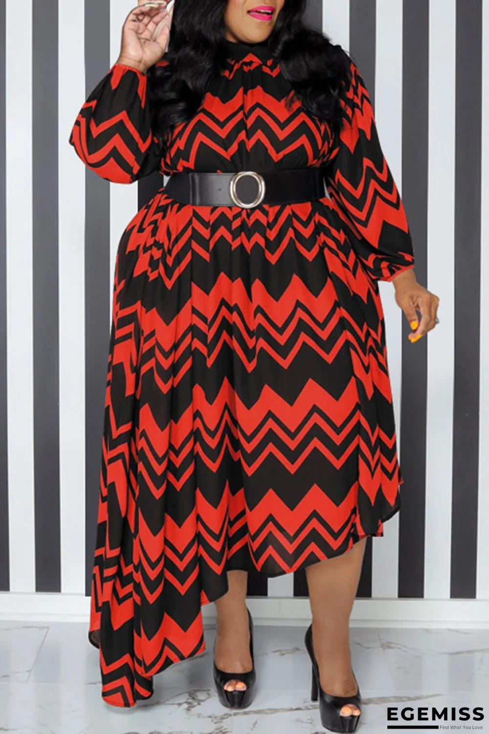 Red Casual Print Patchwork With Belt O Neck Irregular Dress Plus Size Dresses | EGEMISS