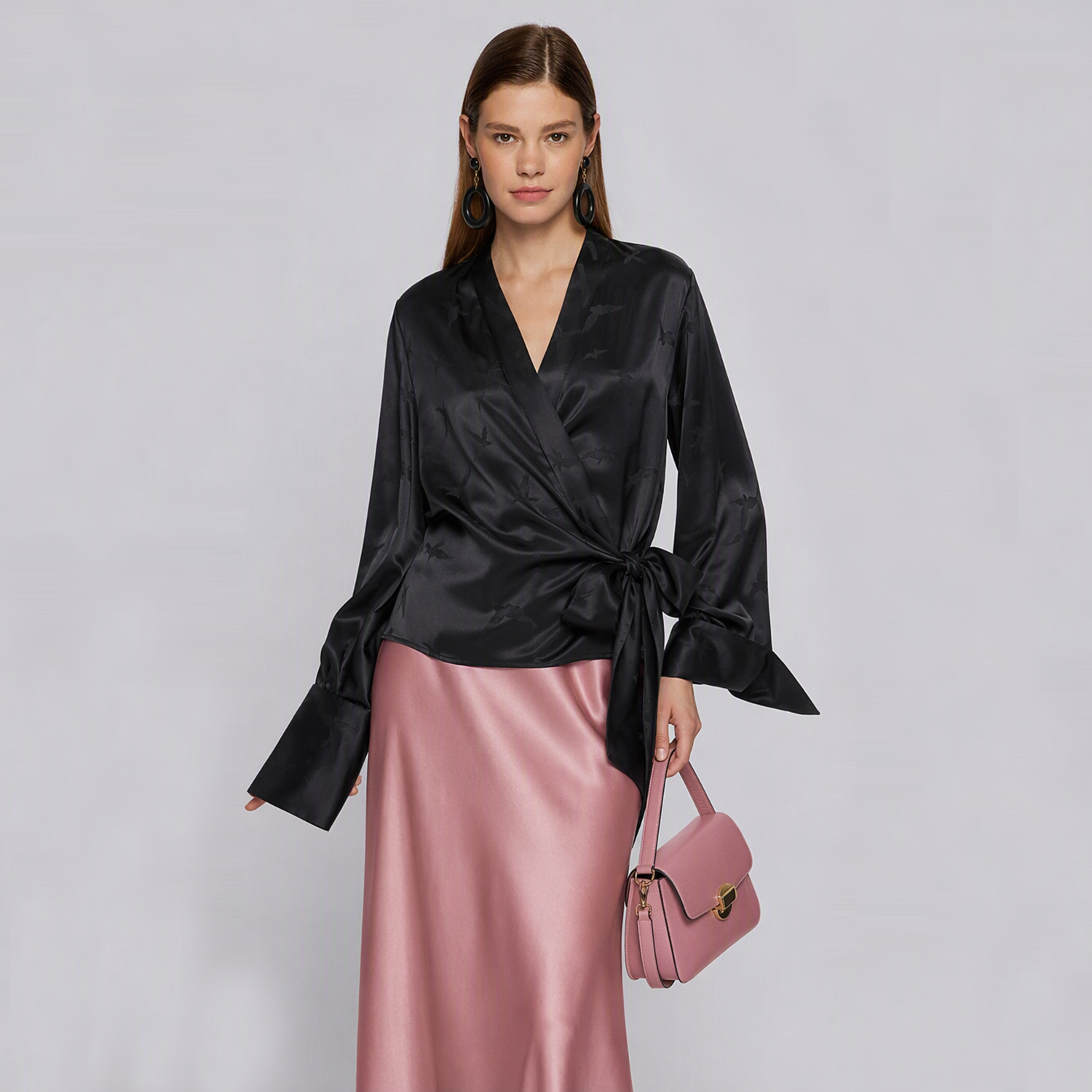 Women's Mulberry Silk Blouse Wrap Fit Tie-Waist Long Sleeve REAL SILK LIFE