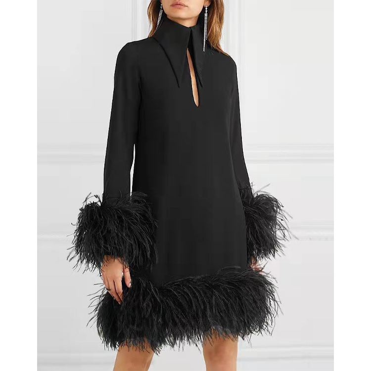 Fashion Matching Fur Long Sleeve Mini Dress
