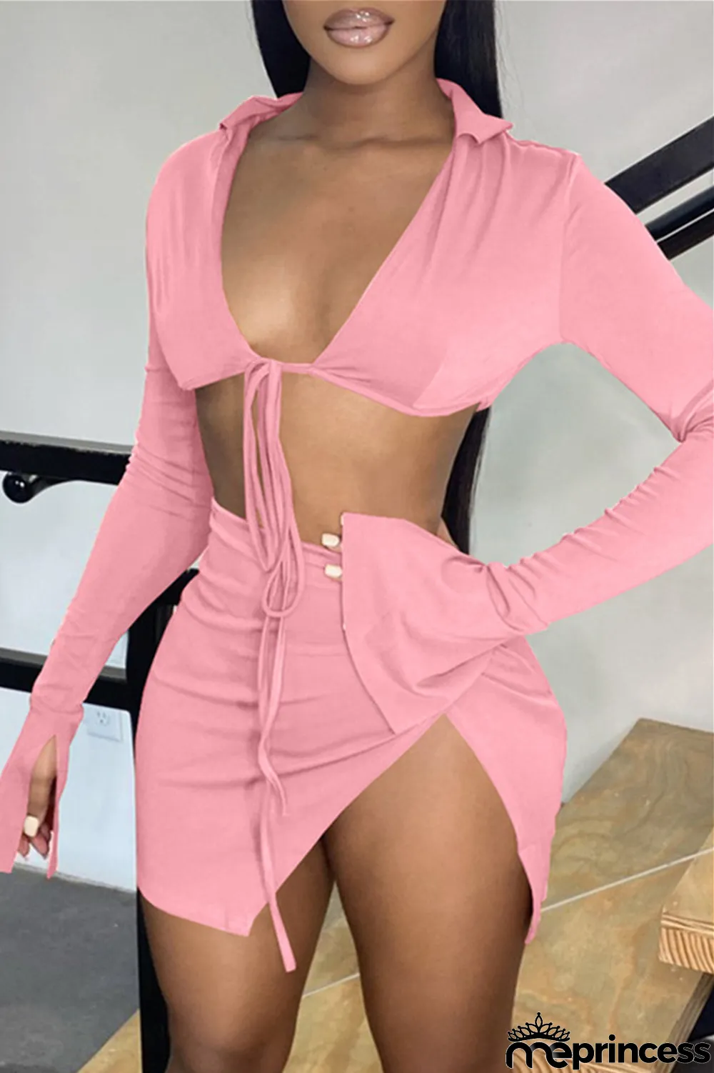 Black Sexy Casual Solid Bandage Slit V Neck Long Sleeve Two Pieces