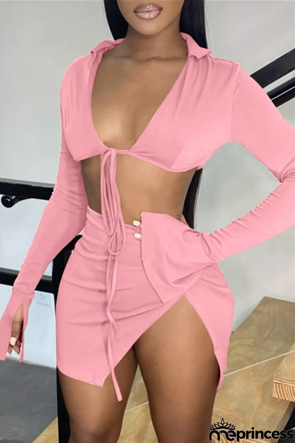 Black Sexy Casual Solid Bandage Slit V Neck Long Sleeve Two Pieces
