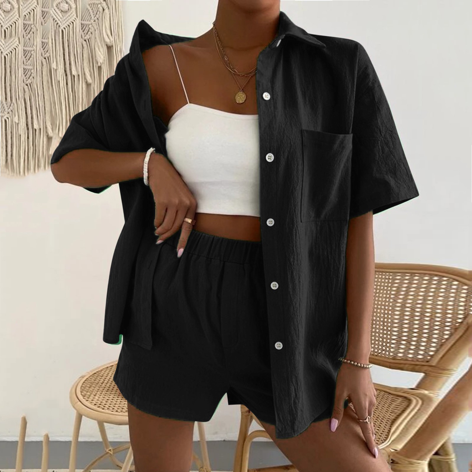 2024 Summer Long Sleeve Lapel Shirt Broad legged Shorts Set Ladies Sexy Slim Suits Women 2 Piece Outfits Single breaste
