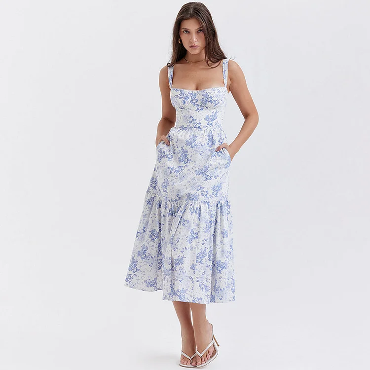 Summer Women Collection Dress: Sweet Spicy Floral Midi Backless Sleeveless Strap Dress