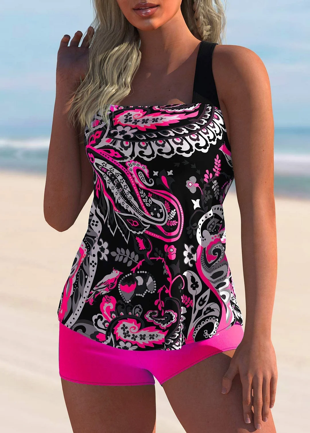 Plus Size Swimwear Sleeveless Floral Printed Geometric Tankini
