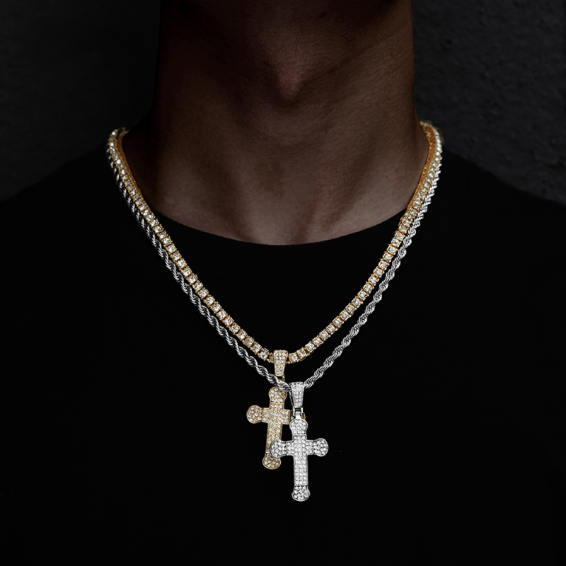 Iced Out Cross Pendant Gold Silver Necklace-VESSFUL