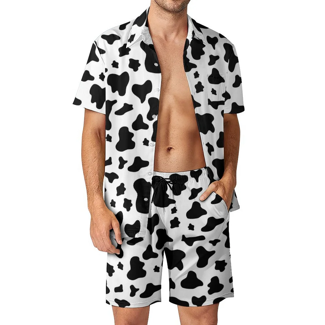Black White Cow Print Men Hawaiian 2 Piece Outfit Vintage Button Down Beach Shirt Shorts Set Tracksuit with Pockets