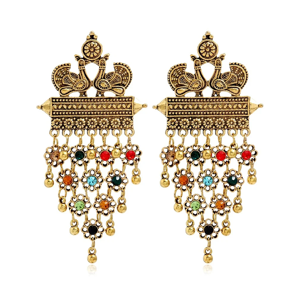 Ethnic Vintage Peacock Hollow Flowers Diamond Beads Tassel Earrings