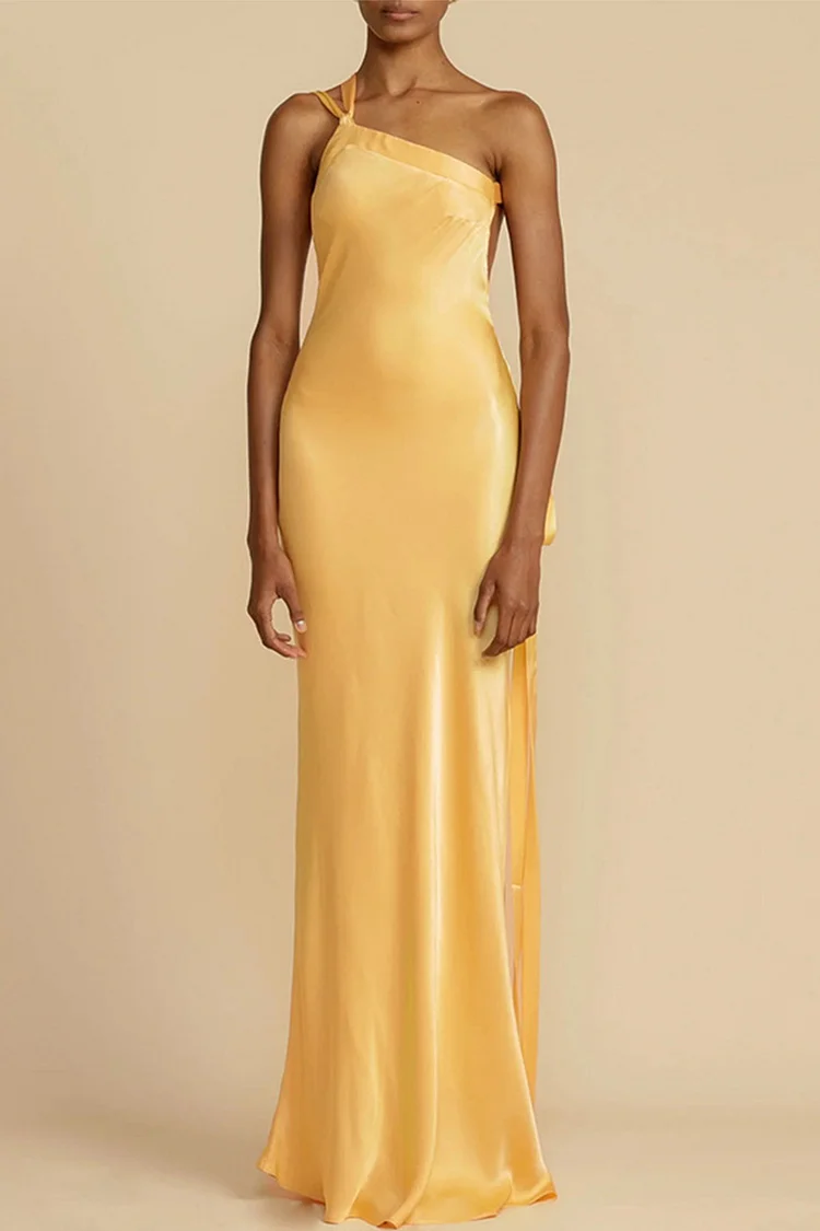 Semi Formal Yellow Satin One Shoulder Lace-Up Backless Maxi Dress