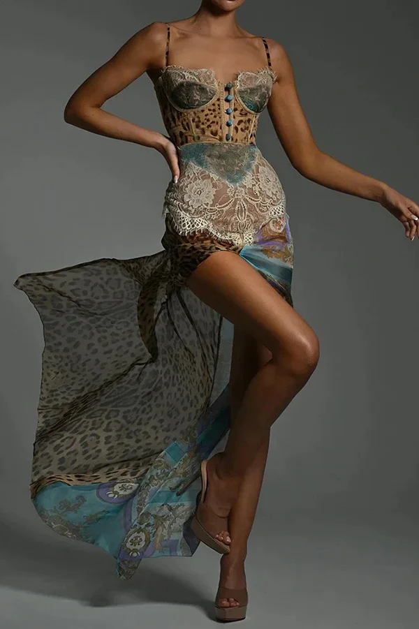 Chiffon Leopard Print Sexy Lace Splicing High Slit Slim Maxi Dress