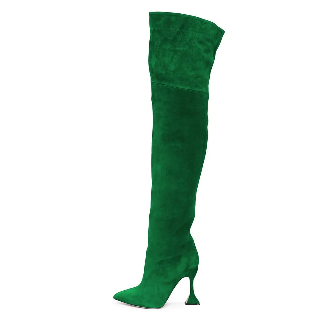 Green Pointed Toe Pull-On Over The Knee Boots with Flared Heels