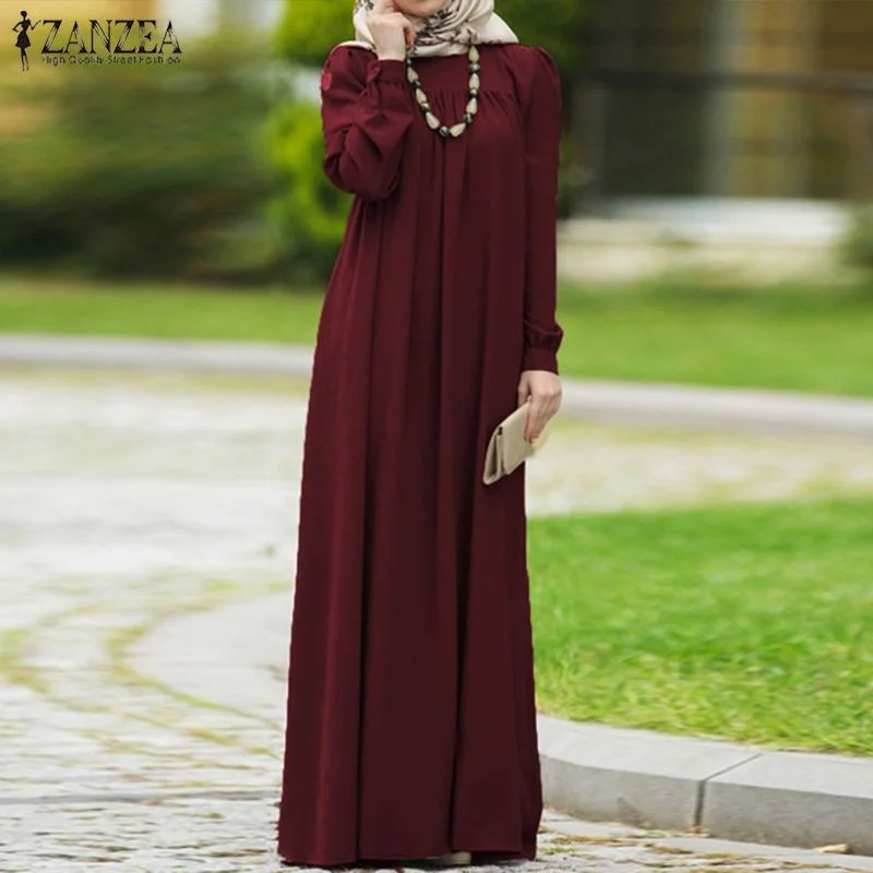 ZANZEA Women Casual Long Sleeve Solid Maxi Long Dress Vestido Autumn Loose Sundress S- Kaftan Abaya Dubai Hijab Muslim Dress