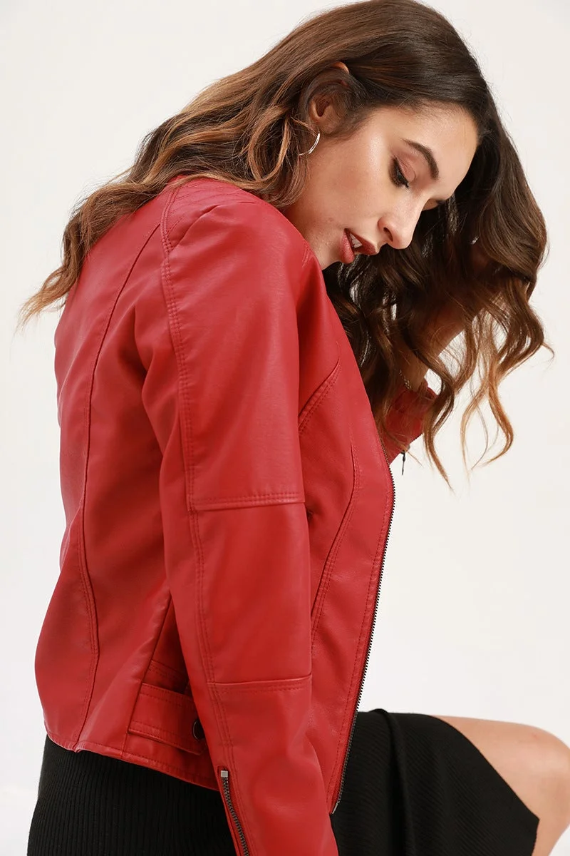 Slim-fit Stand-collar Leather Jacket Woman Biker Jacket