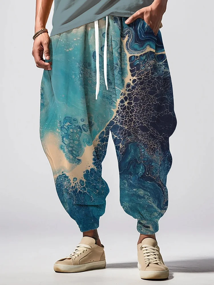 Men's Wave Oil Painting Art Print Loose Drawstring Waist Sweatpants