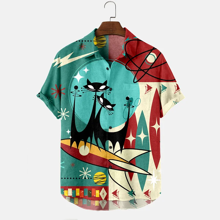 Men's cat carrier rocket creative print short-sleeved shirt