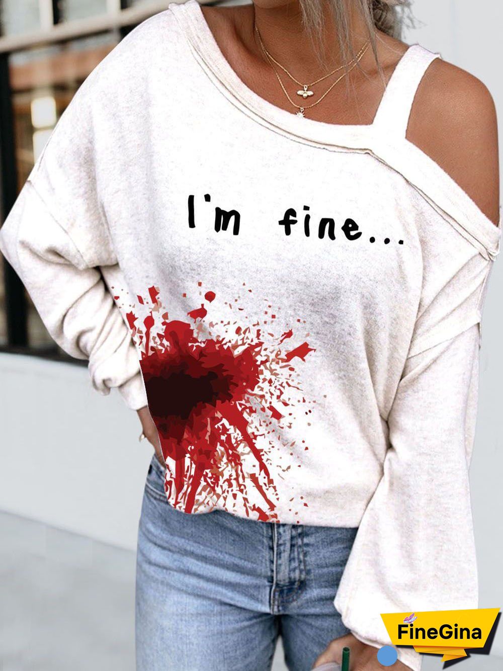 Women's I'M Fine Cold Shoulder Asymmetrical Neck Casual Tops