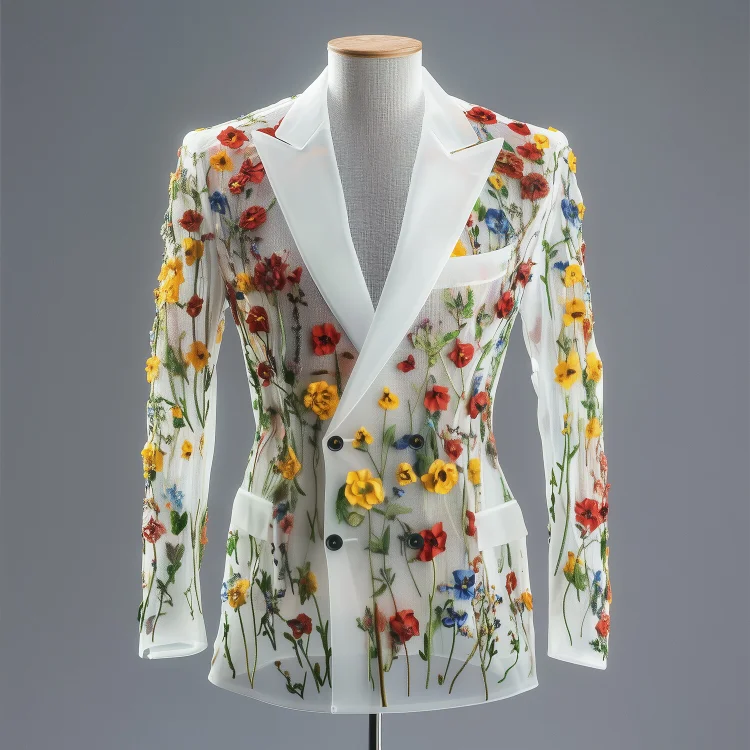 Okaywear Peaked Lapel Mesh 3D Embroidery Blazer Okaywear