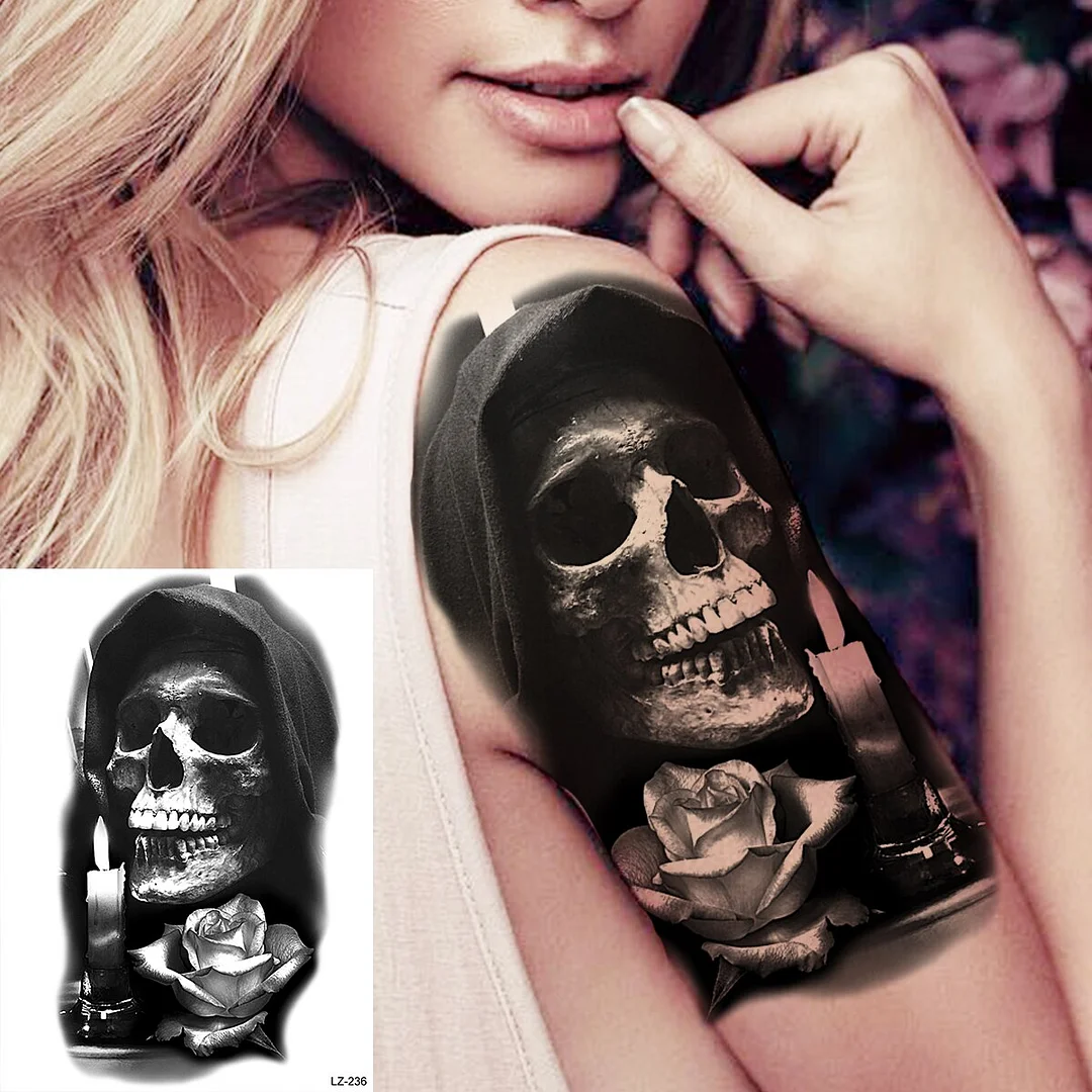 Sdrawing Cuttlefish Skeletion Scary Temporary Tattoos For Men Women Pirate Tiger Skull Totem Fake Tattoo Sticker Tatoos Octopus