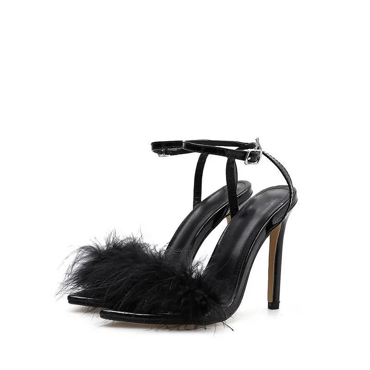 Black Ankle Strap Sandals Stiletto Heel Sandals with Fur |FSJ Shoes