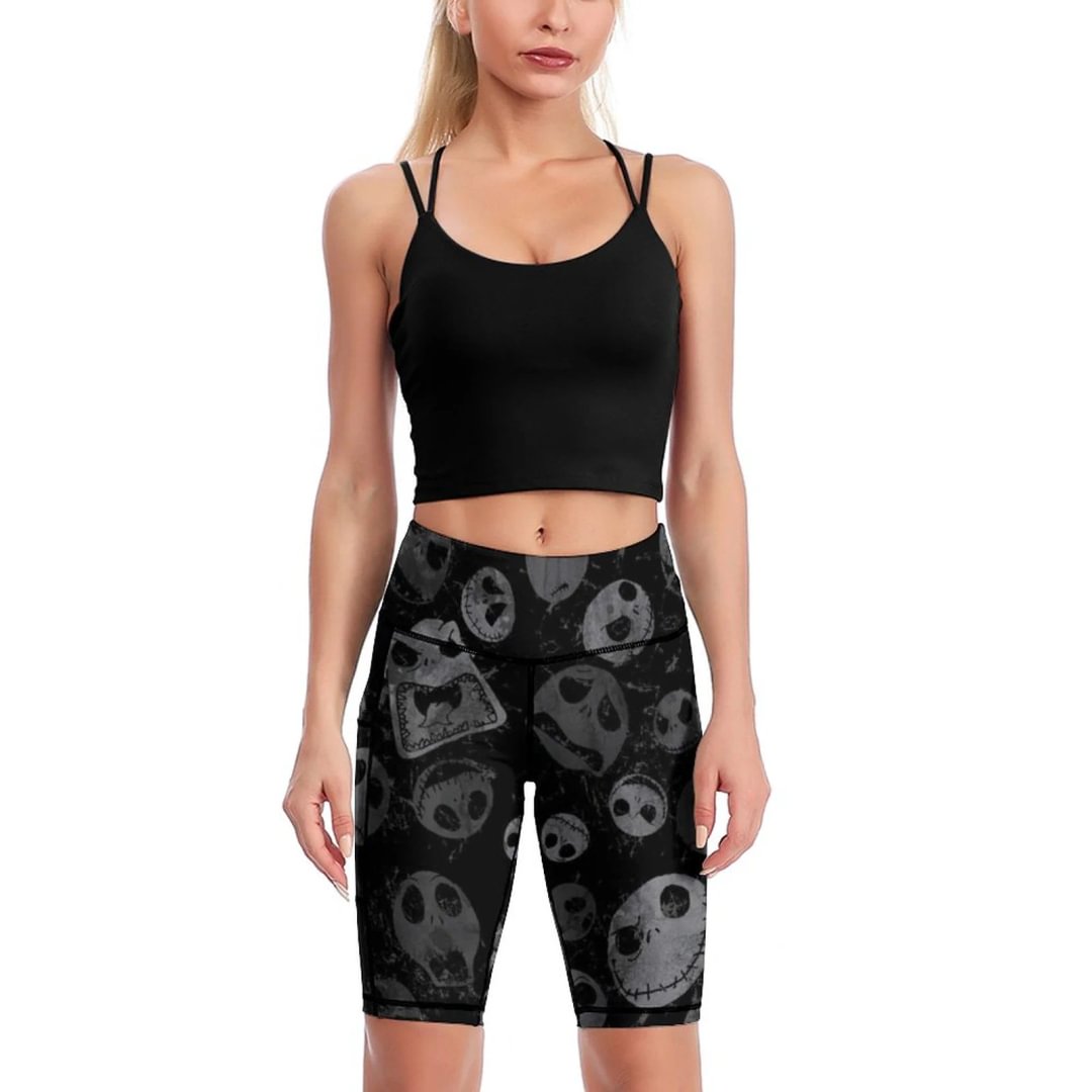 Jack Skellington Pattern Knee-Length Yoga Shorts Womens High Waist Running Biker Shorts with Side Pockets