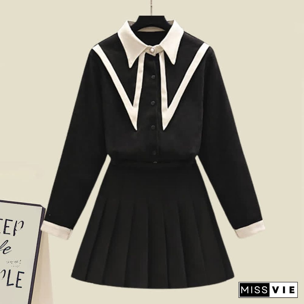 Lapel Shirt Pleated Skirt Two Piece Set
