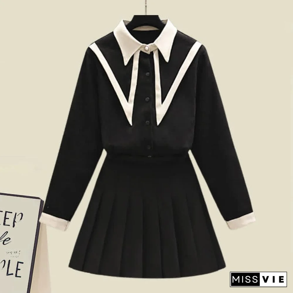 Lapel Shirt Pleated Skirt Two Piece Set