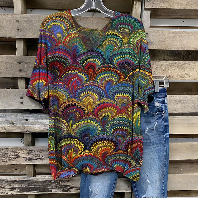 Women's New Colorful Scalloped Art Style Printed Half-sleeve T-shirt