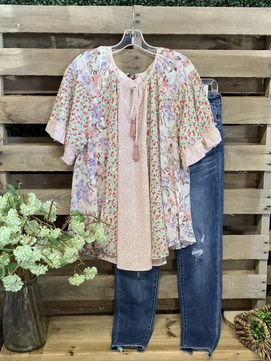 Western Style Women's Floral Print Stitching Ruffle Trim Sleeve Top