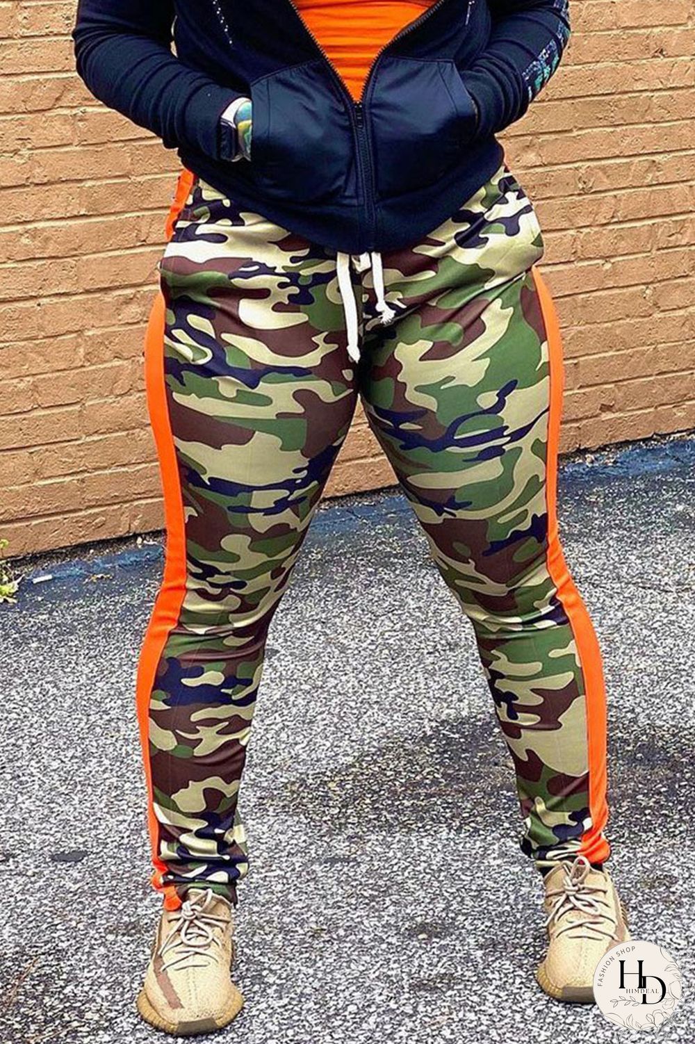 Green Casual Camouflage Print Regular Mid Waist Pencil Bottoms