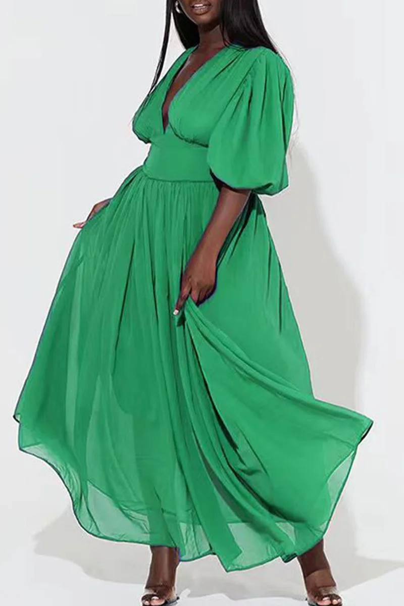 Green Casual Solid Patchwork V Neck Long Dress Dresses | EGEMISS
