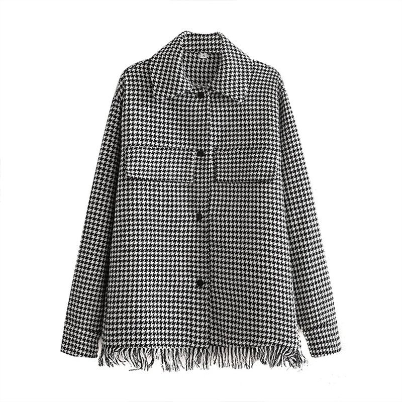 Za Women Shirts Oversize Houndstooth Jacket coats With Pocket Female Vintage Plaid Jacket Spring Tassel Coat TRF Mujer 2021 New