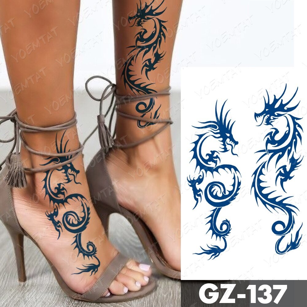 Gingf Ink Lasting Waterproof Temporary Tattoo Sticker Dragon Totem Flame Feather Cross Lotus Flash Tatoo Arm Body Art Fake Tatto