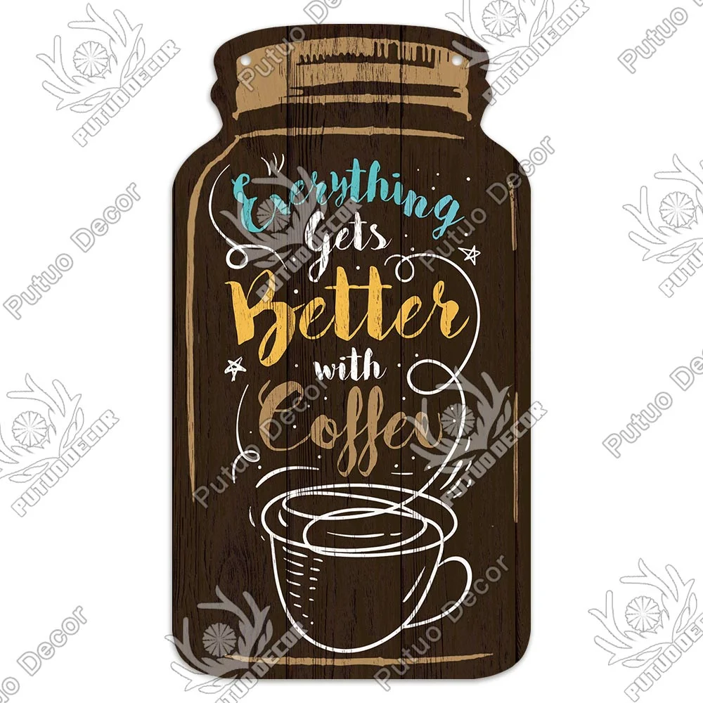 Putuo Decor Coffee Plaques Mason Jar Shape Wooden Signs Irregular Plate for Cafe Decoration Kitchen Wall Decor Decorative Plaque