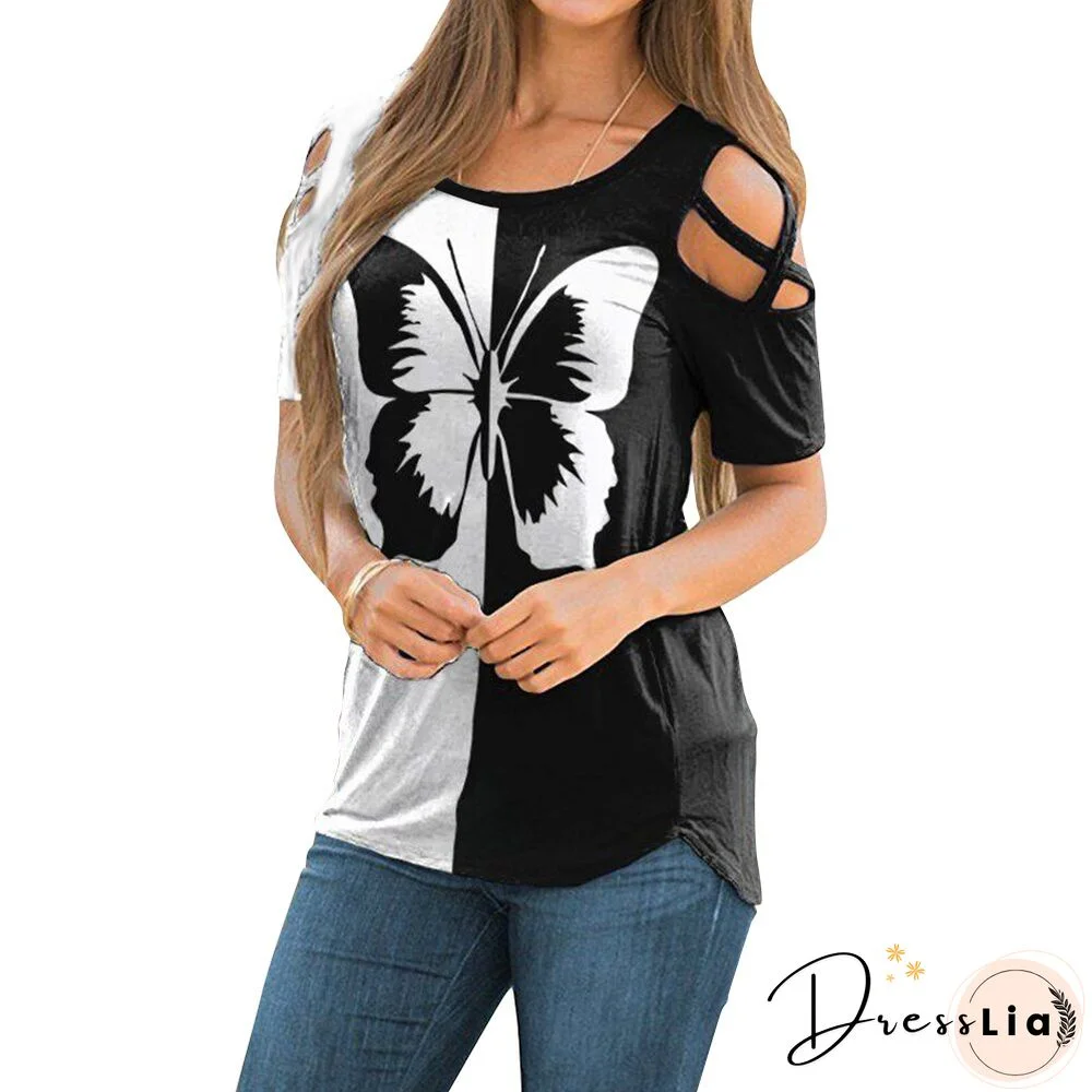 Summer Sexy Hollow Out Short Sleeve Blouses Shirt Casual O-Neck Pullover Tops Women Fashion New Butterfly Print Shirt Blusas D30