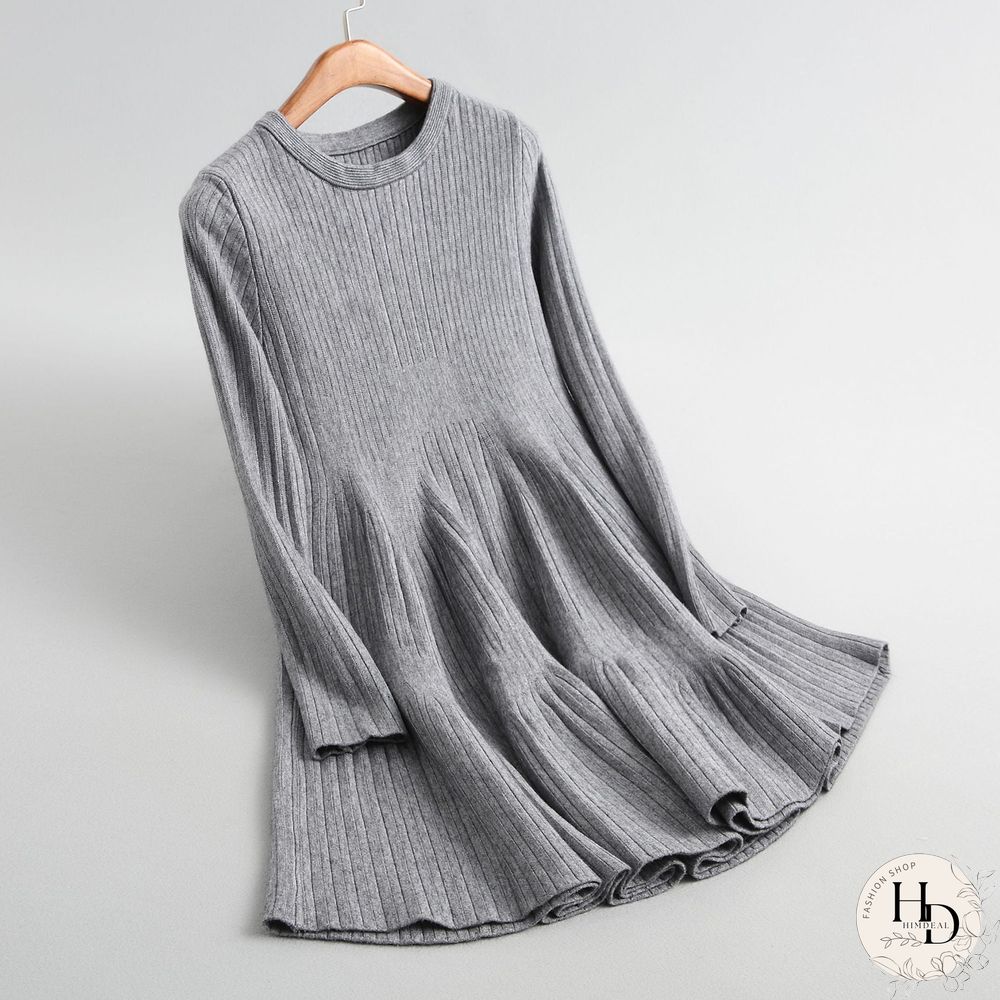 Spring Autumn Sexy Mini Dress Women O-Neck Long Sleeve Elastic Waist Korean A-Line Knitted