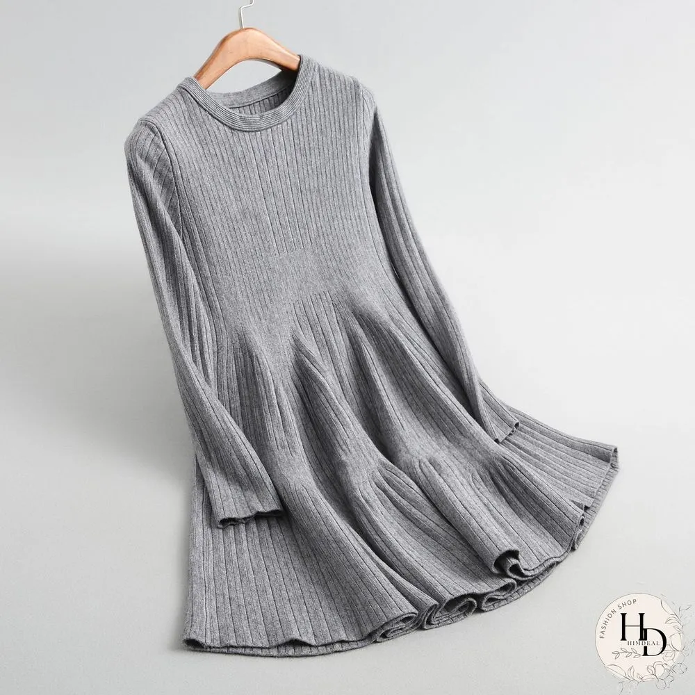 Spring Autumn Sexy Mini Dress Women O-Neck Long Sleeve Elastic Waist Korean A-Line Knitted