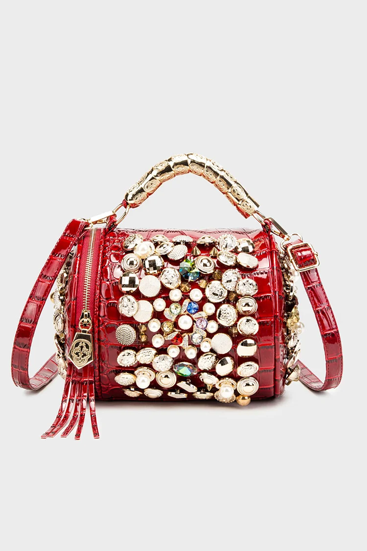 Beads Rhinestone Badge Decor PU Leather Formal Party Bowling Bag