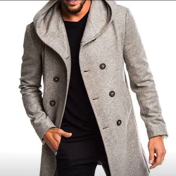 BrosWear Casual Double Breasted Hooded Woolen Men's Coat grey